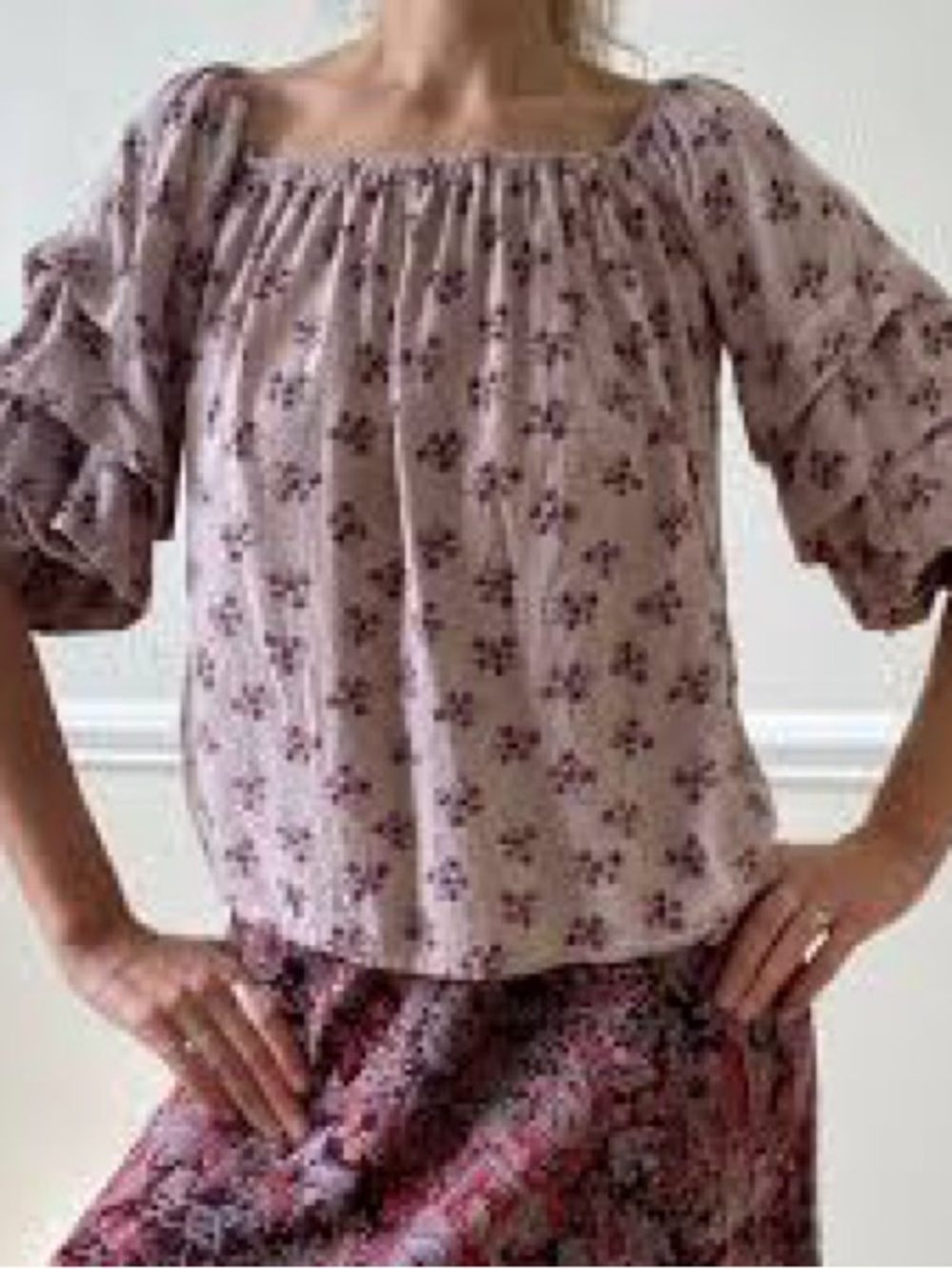 AEO Romantic Ruffle Tiered Sleeve Floral Off Shoulder Cottagecore Blouse Small